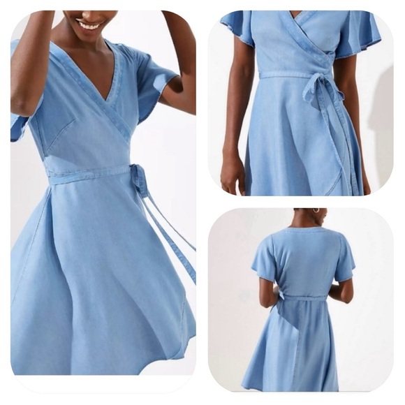 Loft size 2 chambray 100% lyocell flutter sleeve wrap dress - Picture 3 of 15